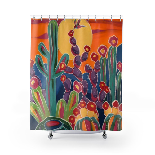 Sunset Shower Curtain with Southwestern Cactus Blooms