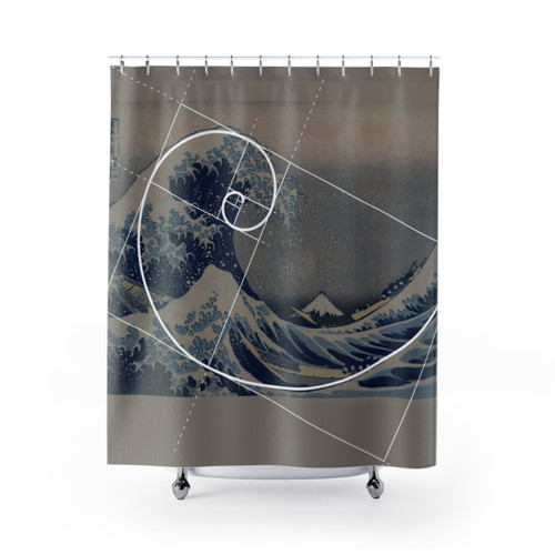 Fibonacci Shower Curtains featuring Hokusai Wave Art