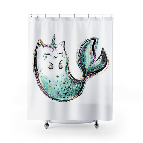 Whimsical cat mermaid unicorn shower curtain