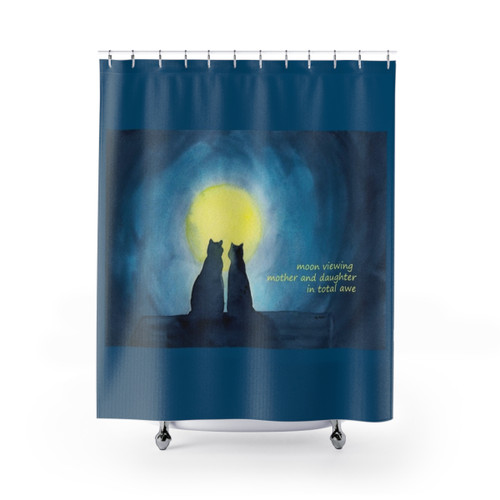 Watercolor painting of cats and the moon on a shower curtain