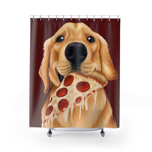 Golden Retriever Shower Curtain with Cute Dog Eating Pizza