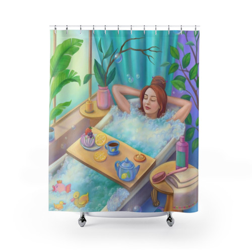 Relaxing hand-drawn shower curtain for a spa-like bathroom