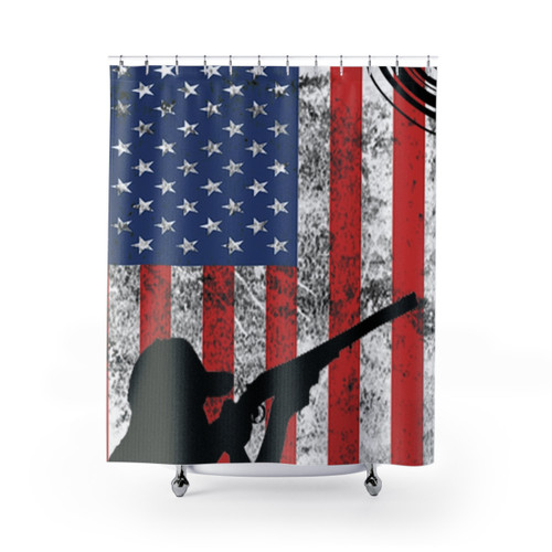Skeet Shooting Shower Curtains with Distressed US Flag and Pigeon Trap Design