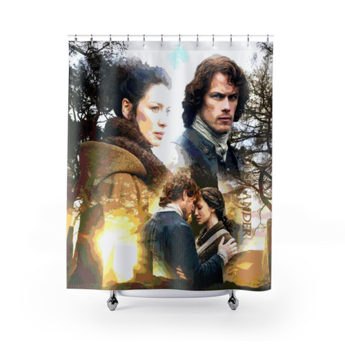 Outlander-inspired shower curtain with Jamie and Claire Fraser