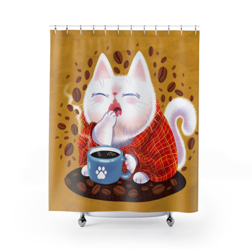 Whimsical cat shower curtain with coffee shop design