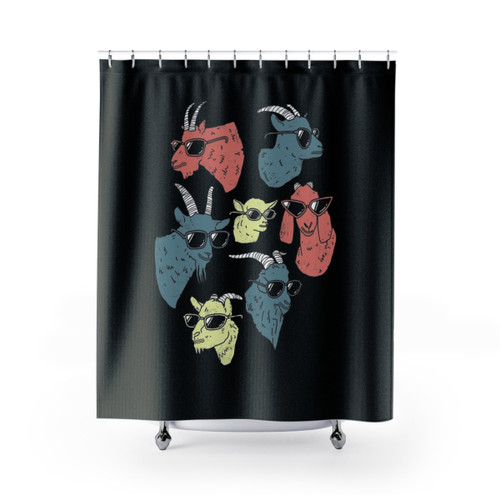 Goat-themed shower curtain featuring playful goat illustrations