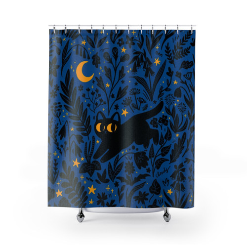 Whimsical summer night shower curtain with cats, plants, and celestial elements