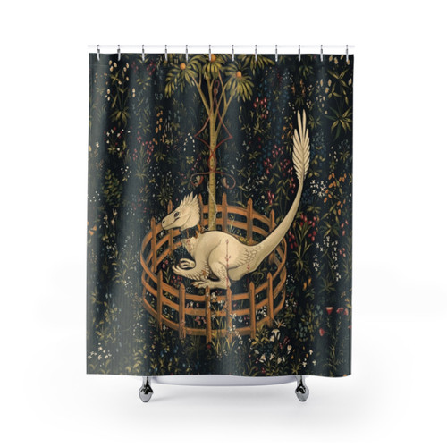 Dinosaur-themed shower curtain with prehistoric design