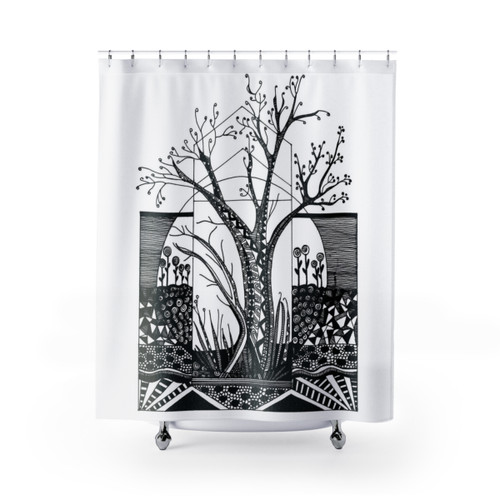 Autumn-themed shower curtain with seasonal symbols and designs