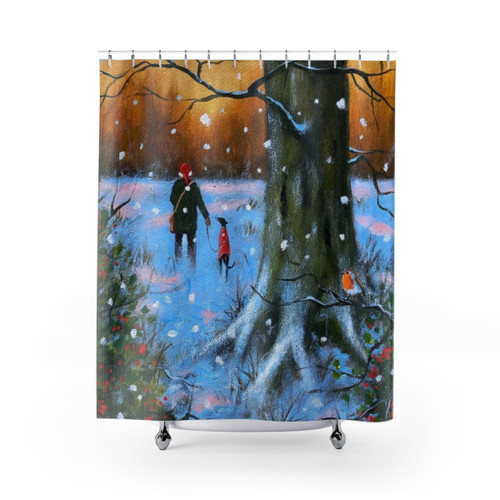 Christmas-themed shower curtain with greyhound, whippet, and snowy sunset designs
