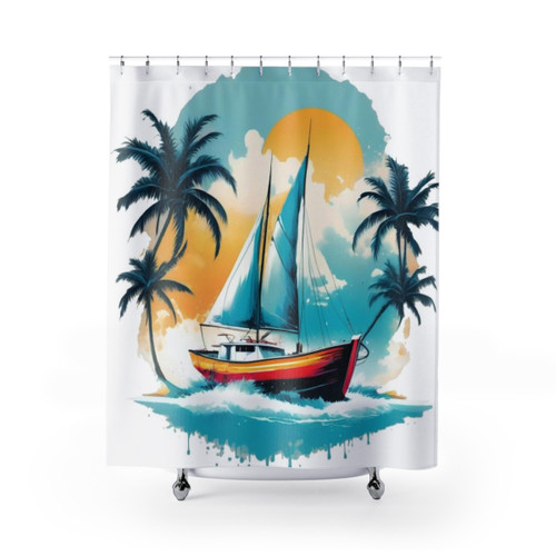 Sailboat between Palm Trees Shower Curtain
