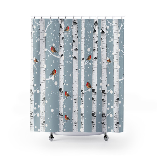 Winter Forest and Robin Bird Shower Curtains