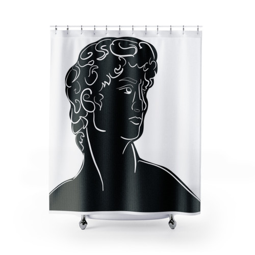 Black shower curtains featuring the Bust of David statue design