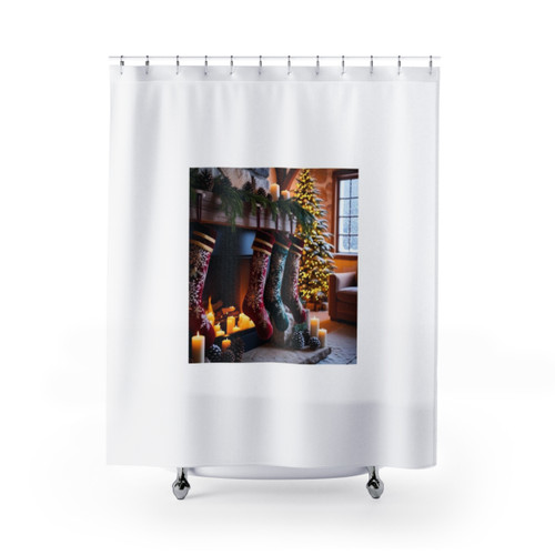 Cozy Christmas shower curtain with fireplace, candles, and holiday decor