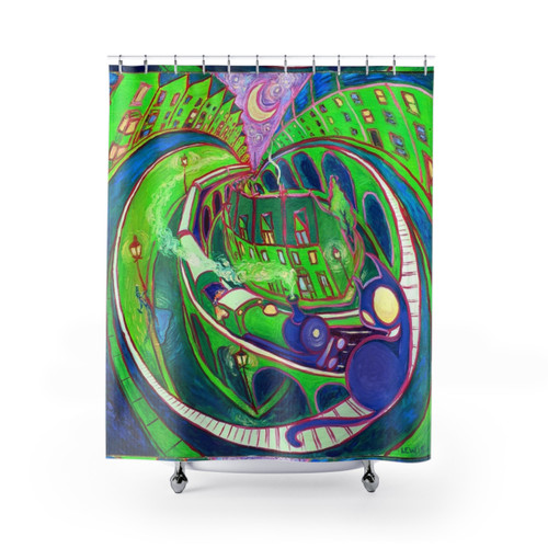 Green steam train shower curtain