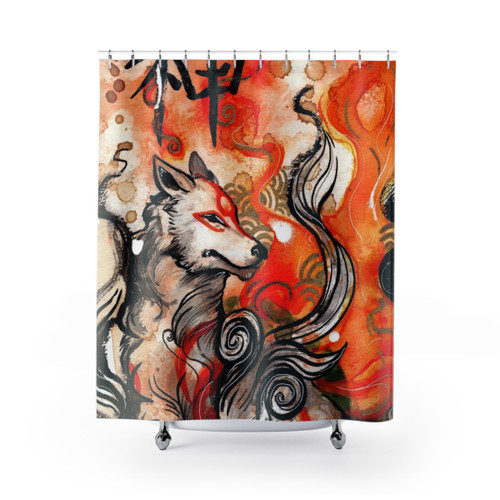 Okami Amaterasu Shower Curtain - Ink Artwork of Wolf Goddess
