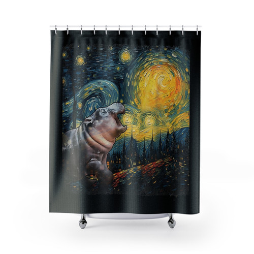 Van Gogh Starry Night Funny Shower Curtain with Cute Hippo Meme