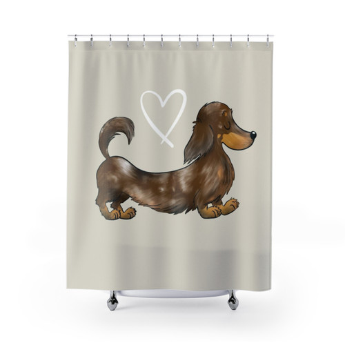 Dachshund Shower Curtains featuring Dapple Chocolate Long Hair Sausage Dogs