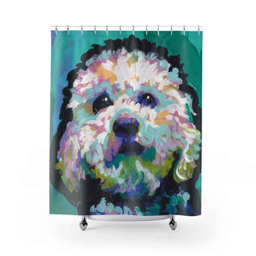 Bright colorful poodle maltipoo dog shower curtain