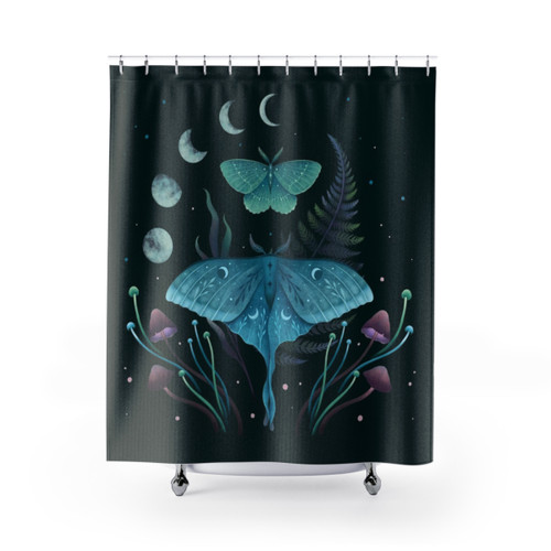 Luna and Emerald Shower Curtains featuring enchanting moon and nature motifs