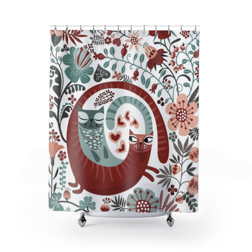 Whimsical cat-themed shower curtain with floral and scandinavian patterns