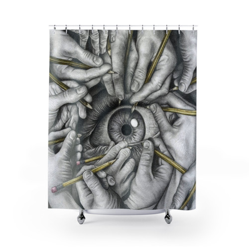 Surreal shower curtains with artistic designs featuring eyes, skulls, and other surreal elements