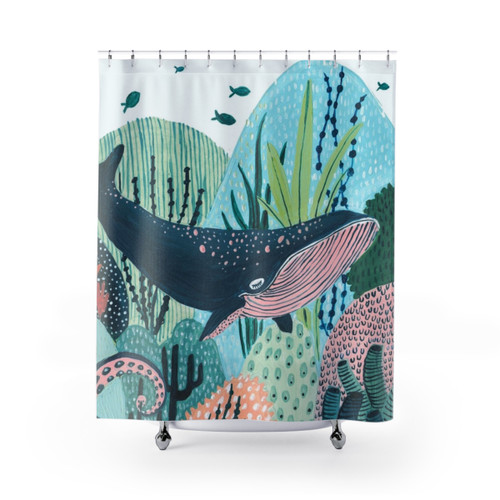 Beautiful blue whale shower curtain with marine life design