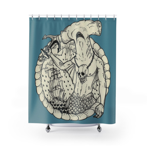Mermaid-themed shower curtain with sea creatures and nautical elements