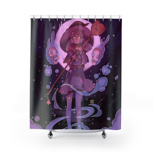 Witch themed shower curtains with pink and skull design