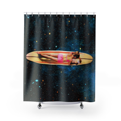 Psychedelic Surf Shower Curtains with Cosmic Collage Design