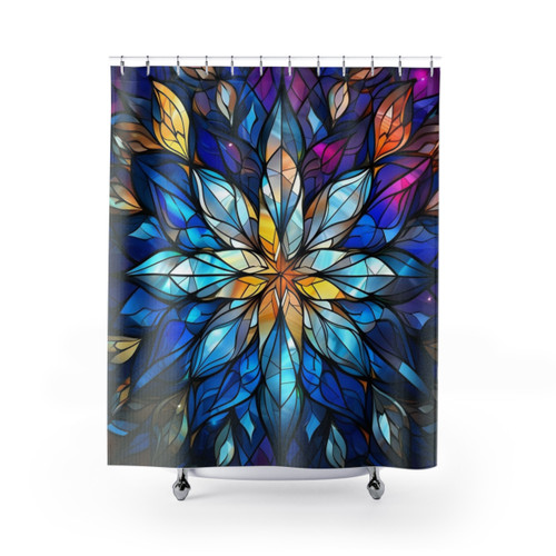 Colorful stained glass snowflake print shower curtains