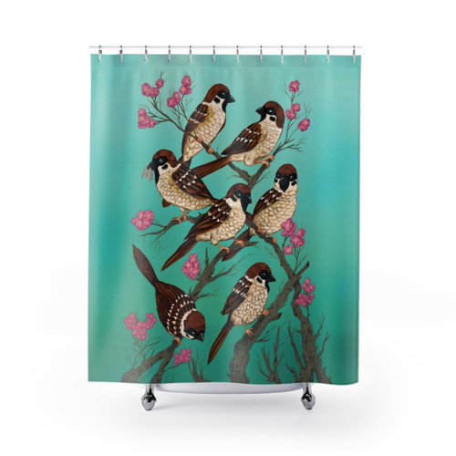 Sakura Sparrows Shower Curtains - Nature-Inspired Design