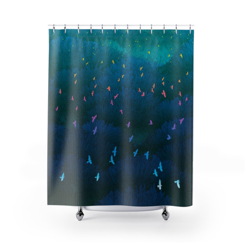 Amazonian Flight Shower Curtains featuring tropical birds and landscape