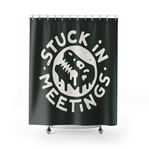 Graphic design shower curtain with dinosaur logo