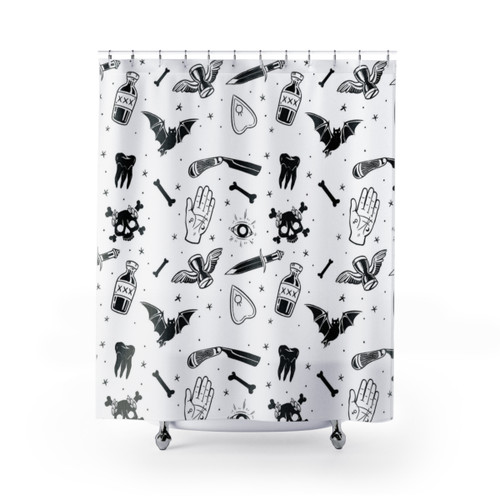 Macabre shower curtain with skull and occult motifs