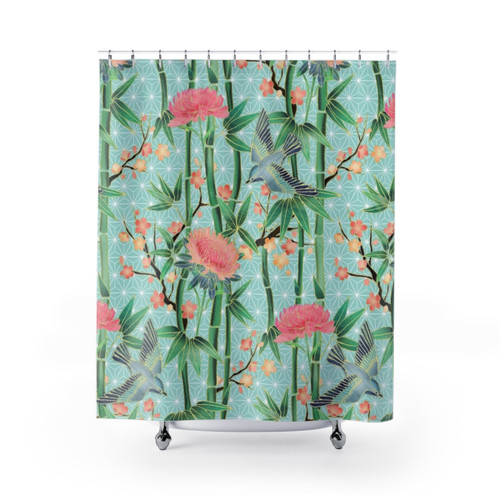 Bamboo Shower Curtains with Blue Green Bird and Blossom Pattern