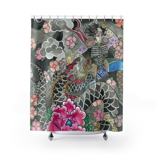 Samurai and Dragon Watercolor Shower Curtain
