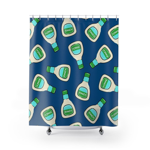 Ranch-themed shower curtain with a blue bottle design