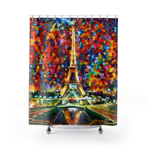 Paris-themed shower curtains featuring Leonid Afremov's oil painting