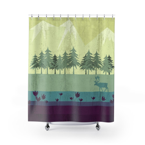 Vibrant wildlife-themed shower curtain with nature motifs