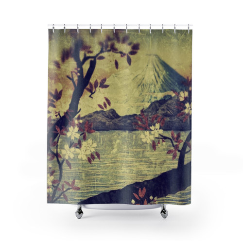 Nature Landscape Shower Curtains featuring Japanese mountain, lake, and floral elements