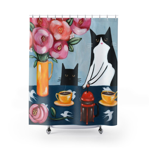 French Press Coffee Cat Shower Curtains