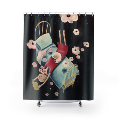Whimsical Page Turner Shower Curtains featuring a girl sleeping among books and flowers