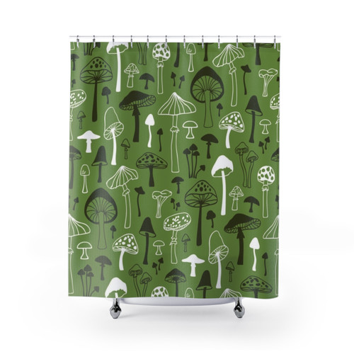 Botanical mushroom shower curtains for a woodland bathroom decor