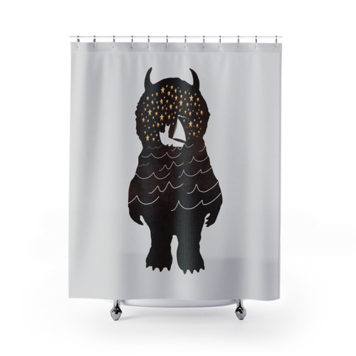 Surreal and abstract shower curtains featuring a whimsical night scene