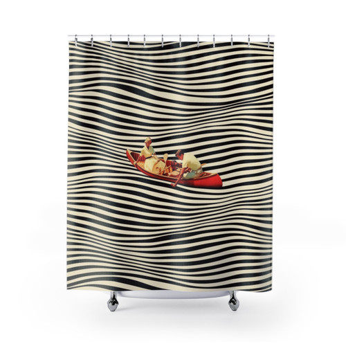 Surreal optical illusion shower curtain with boat and collage design