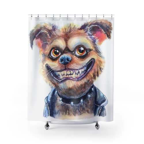 Mischievous mad dog with a grin shower curtain