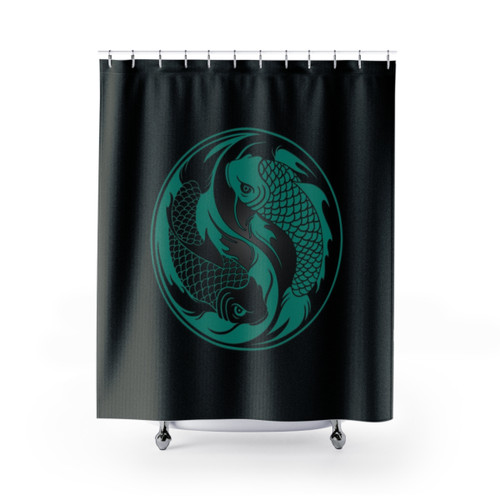 Teal Blue and Black Yin Yang Koi Fish Shower Curtain