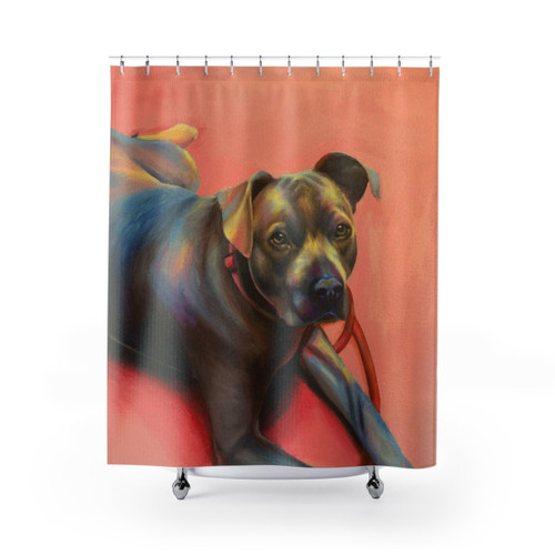 Adorable dog with pink background shower curtain