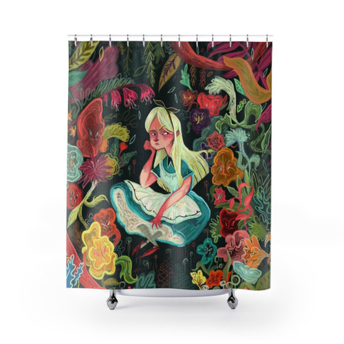 Alice in Wonderland-themed shower curtain with floral and nature motifs